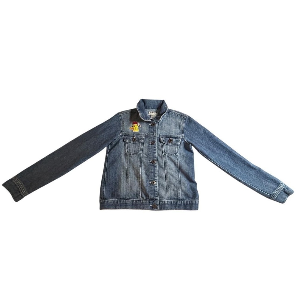 Vintage Mudd Girls Blue Denim Jacket with Pikachu Patch Retro Kids Size M 10/12